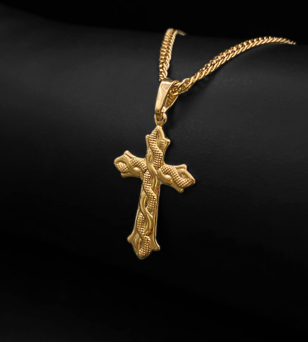 Pingente Cruz com Detalhes em Relevo 4x2cm Banhado a Ouro 18k