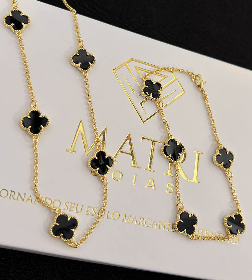 Corrente + Pulseira Trevo Preto 60cm 21cm Banhada a Ouro 18k
