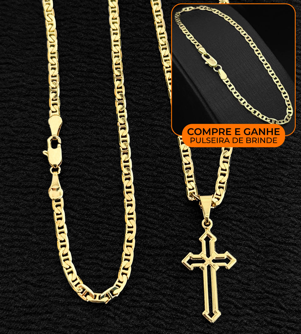 Corrente + Pulseira Piastrini 3mm + Pingente Cruz Vazada N2 -3x1,5cm Banhada a Ouro 18k