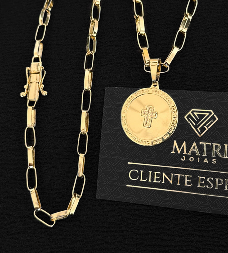 Corrente Elo Vazado Longo 4mm + Pingente Cruz "Pai Nosso Que Estais no Céu" 4x2,5cm Banhada a Ouro 18k