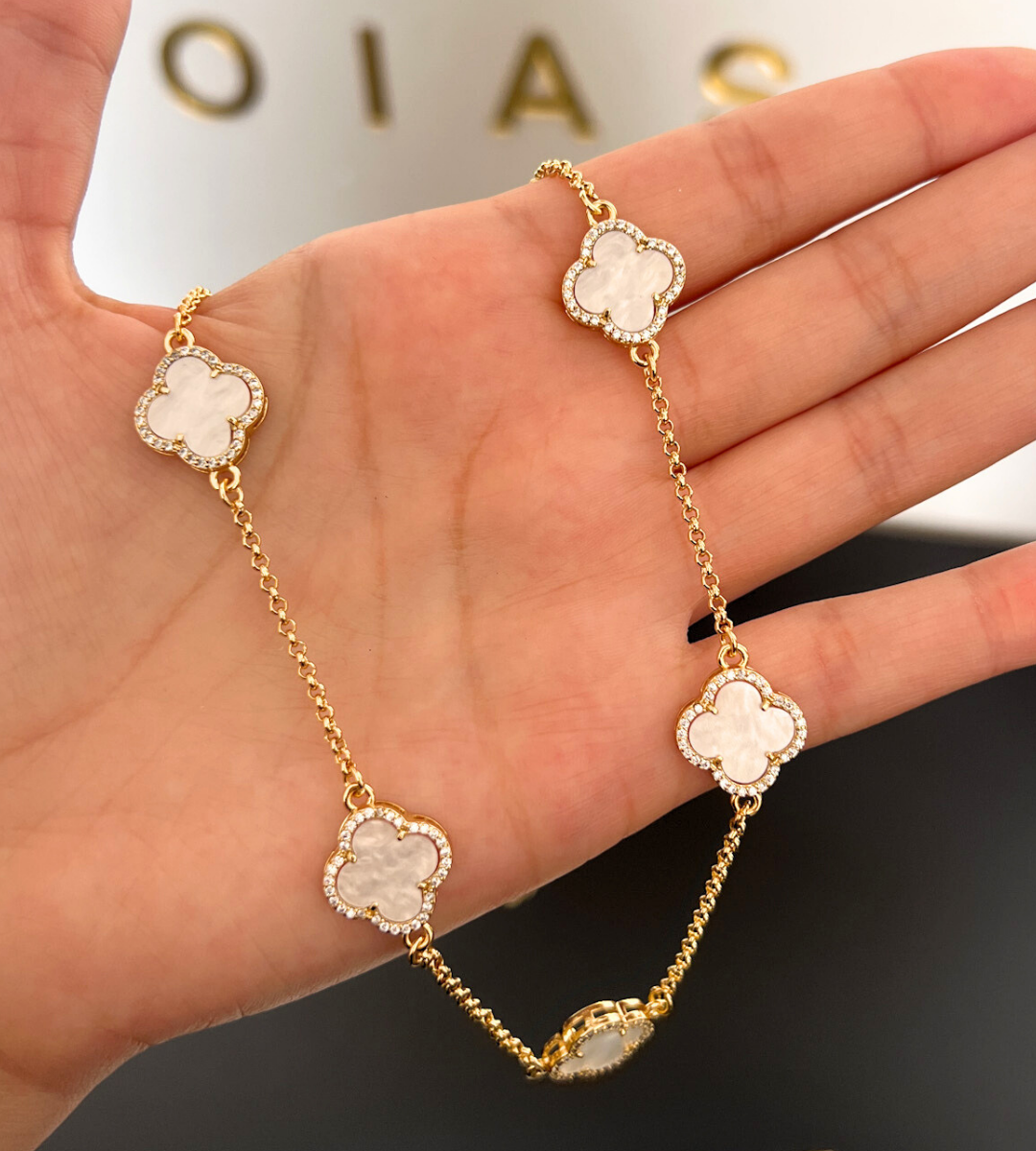 Corrente + Pulseira Trevo Branco Grande Cravejado em Zircônia 60cm 21cm Banhada a Ouro 18k, foto 4