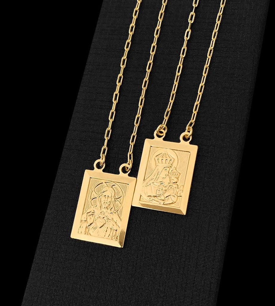 Escapulário Cadeado Laminado Sagrado Coração e Nossa Senhora 2x1.5cm 70cm Banhado a Ouro 18k