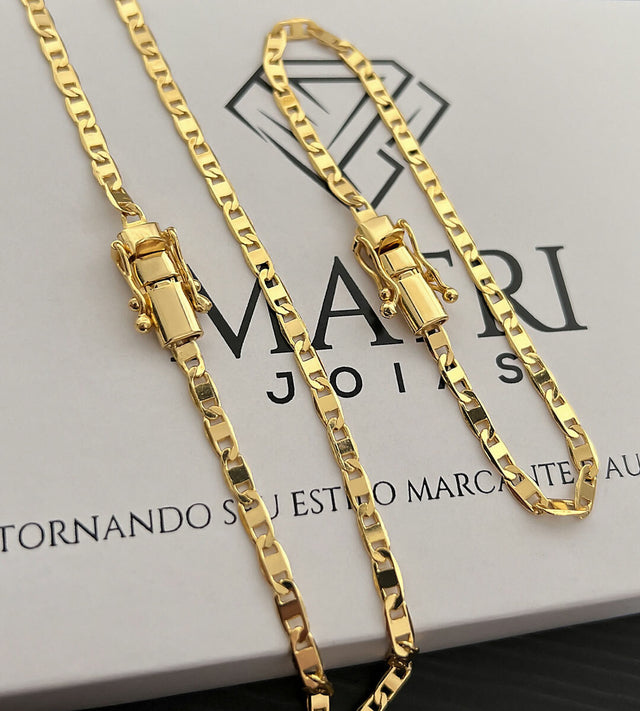 Corrente + Pulseira Piastrini 4mm Fecho Trava Dupla Banhada a Ouro 18k, foto 2