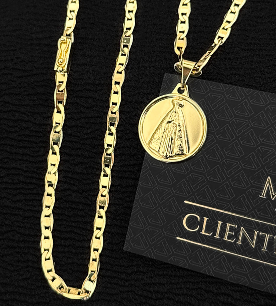 Corrente Piastrini 4mm + Pingente Nossa Senhora em Relevo 2x2cm Banhada a Ouro 18k