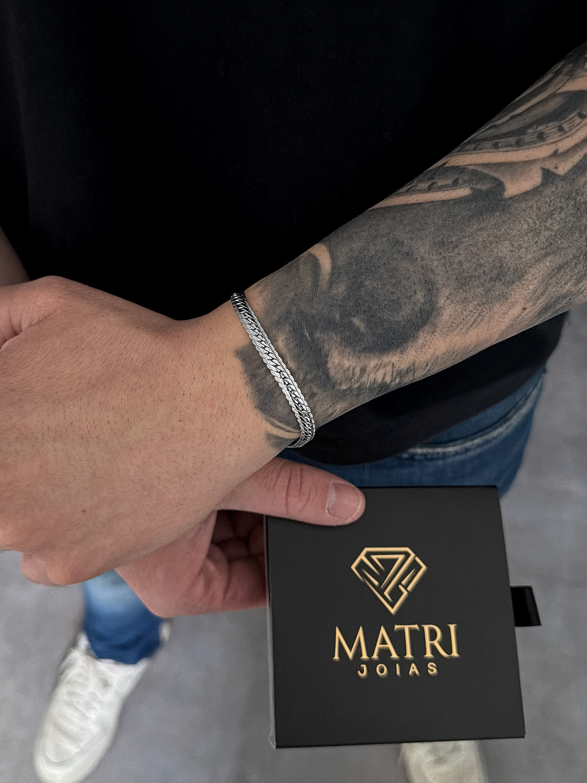 Pulseira Grumet Flat Detalhada Banhada a Ouro Branco