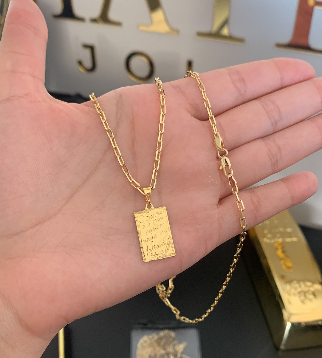 Corrente Cadeado Fino 3mm + Pingente Plaquinha o Senhor É Meu Pastor Banhado a Ouro 18k, foto 2