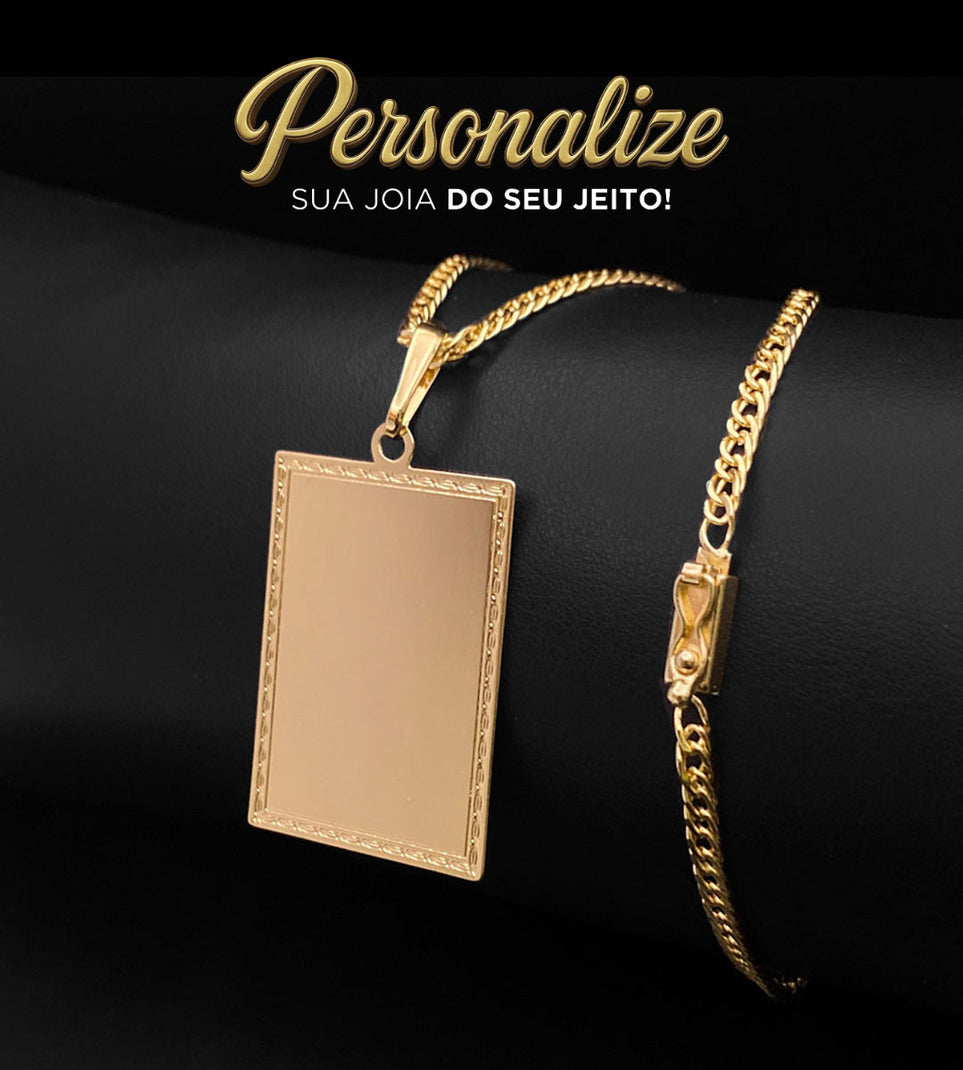 Corrente Grumet Dupla 3mm Fecho Gaveta + Pingente Personalizável Placa Detalhada 3,5x2,5cm Banhado a Ouro 18k