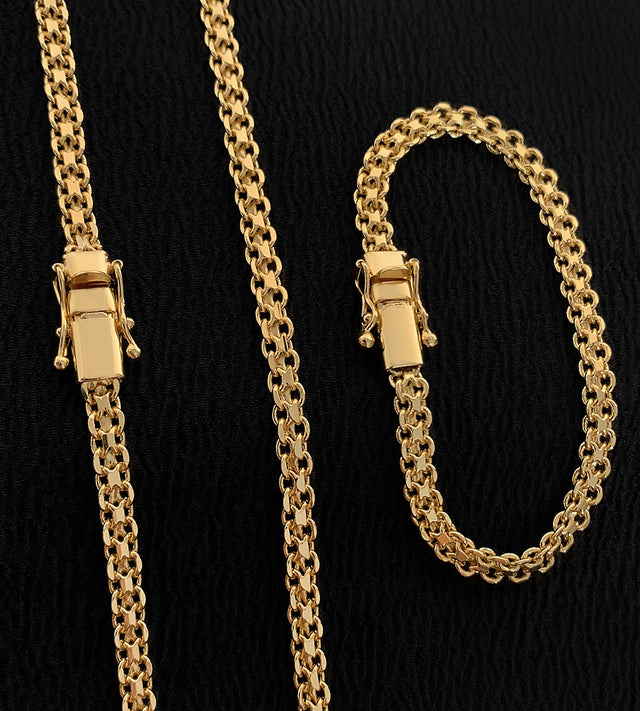 Corrente + Pulseira Cadeado Duplo 5mm Fecho Trava Dupla Banhada a Ouro 18k