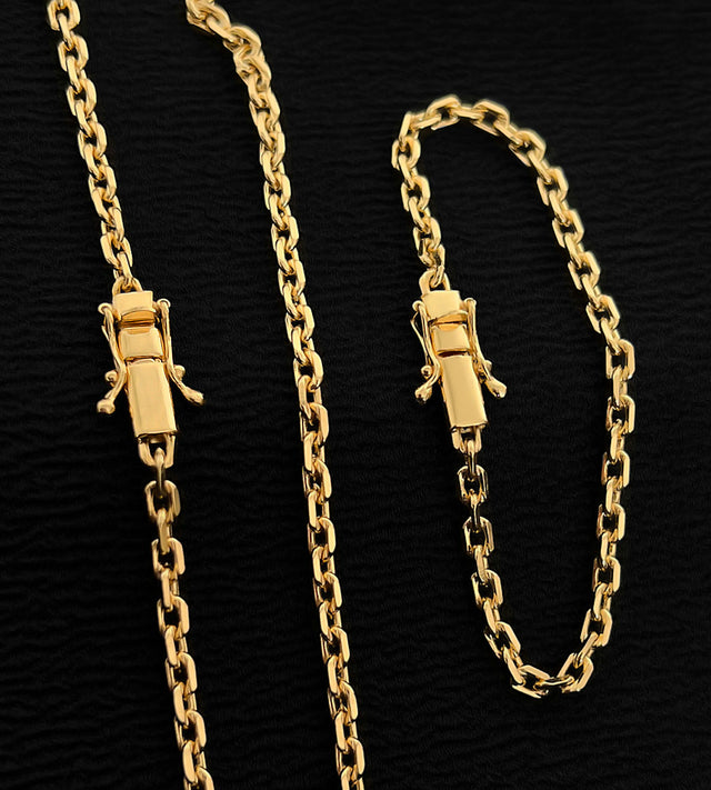 Corrente + Pulseira Cadeado 4mm Fecho Trava Dupla Banhada a Ouro 18k