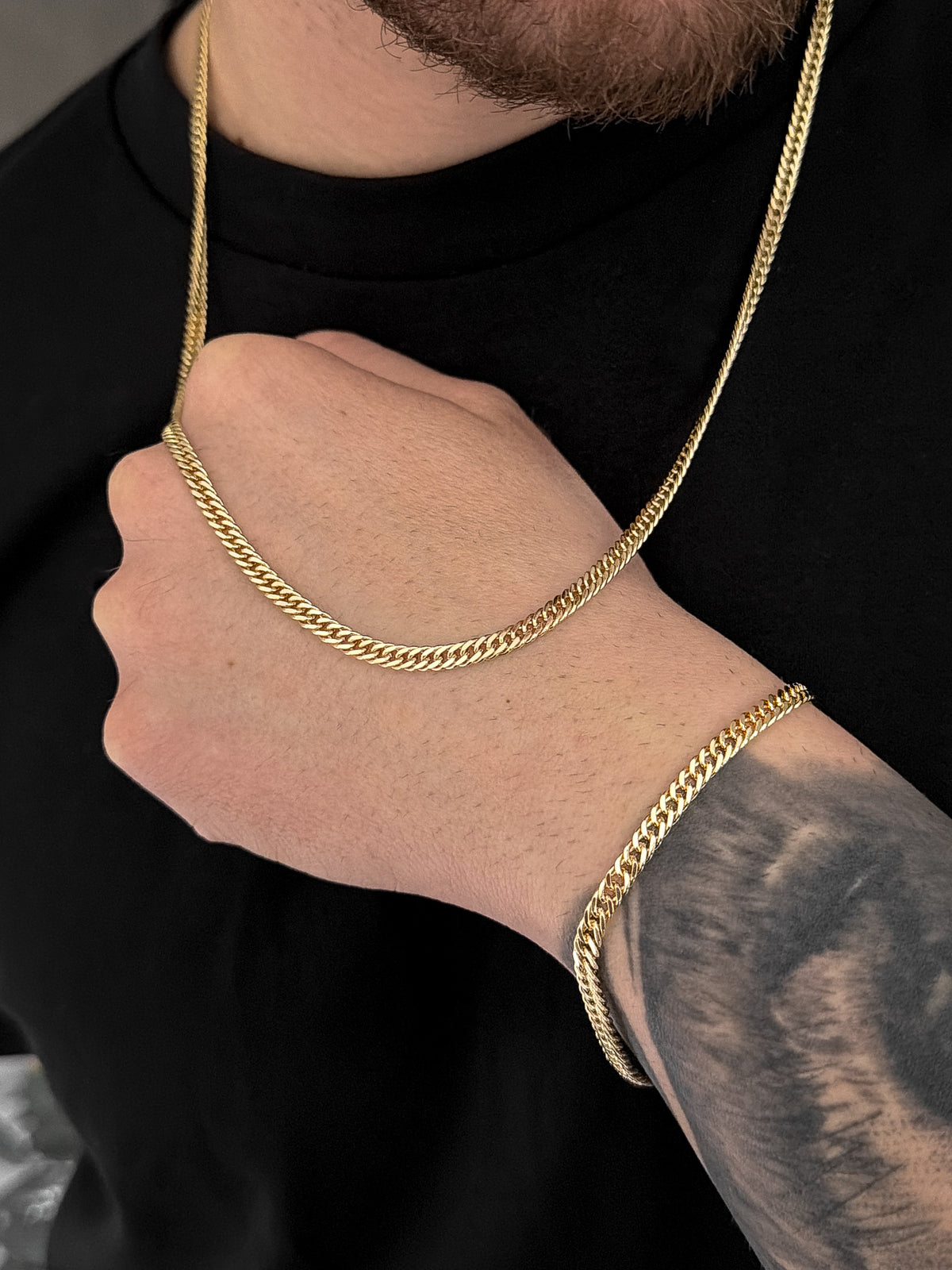Conjunto Corrente e Pulseira Grumet Dupla 4mm Banhado a Ouro 18k