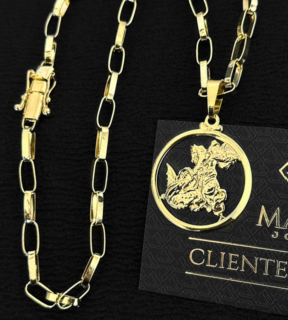 Corrente Elo Vazado Longo 4mm + Pingente Medalha São Jorge Vazada 3x3cm Banhada a Ouro 18k