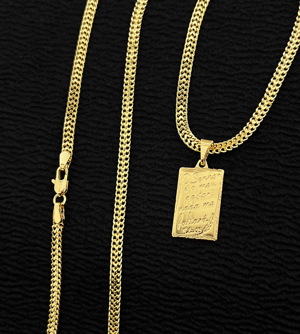 Corrente Grumet Lacraia 3mm + Pingente Plaquinha o Senhor É Meu Pastor Banhada a Ouro 18k