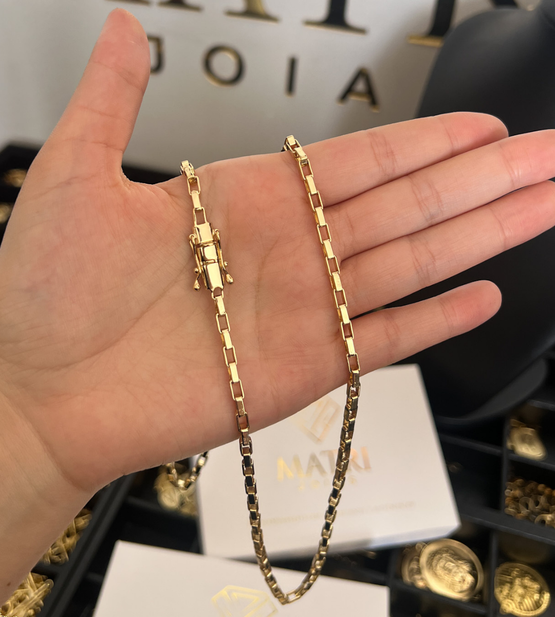 Corrente Elo Vazado 3mm Fecho Trava Dupla Banhada a Ouro 18k