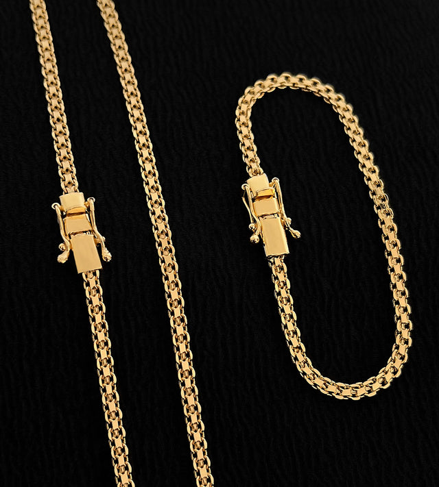 Corrente + Pulseira Cadeado Duplo 4mm Fecho Trava Dupla Banhada a Ouro 18k