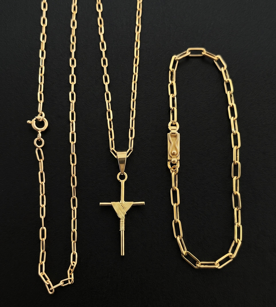 Kit Corrente 2mm + Pulseira Cadeado Laminado 3mm + Pingente Cruz Amarrada Banhado a Ouro 18k