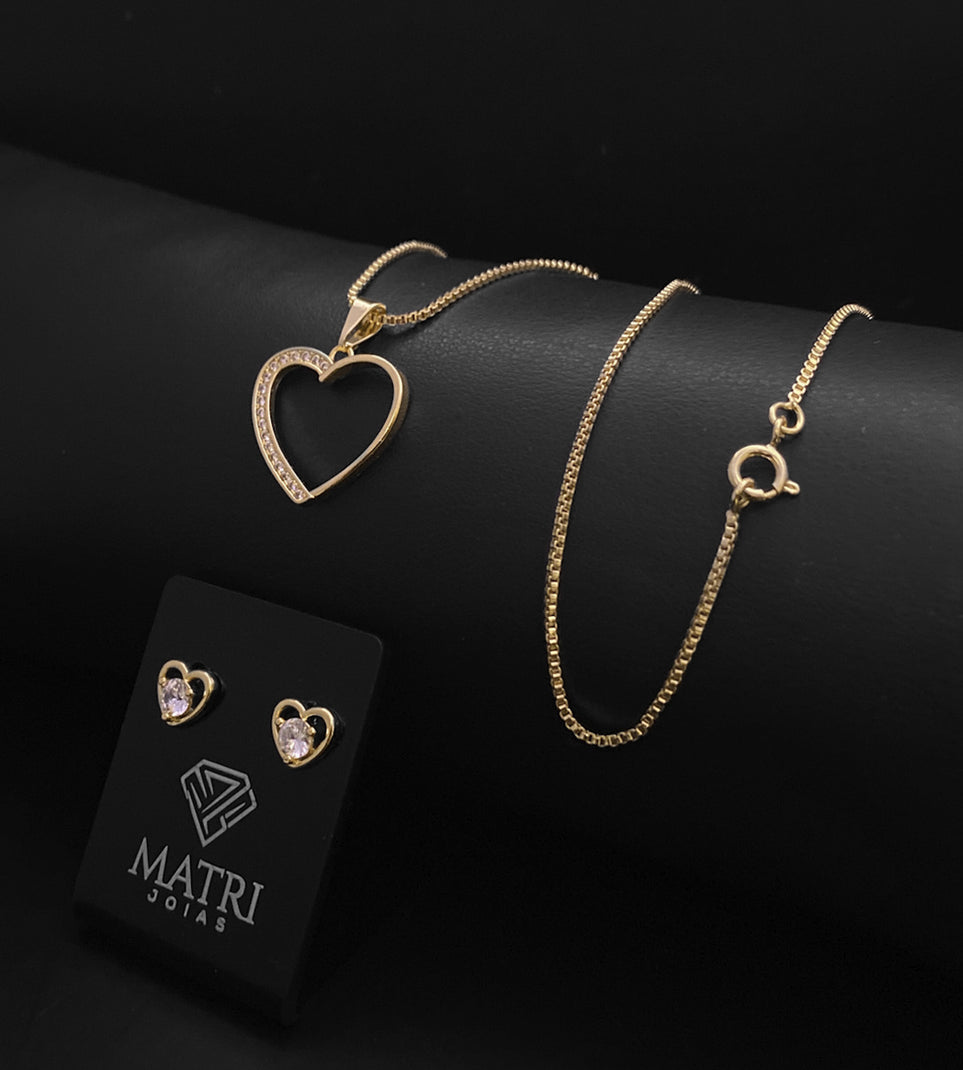 Conjunto Feminino Completo Coração Vazado Colar + Pingente + Brinco Banhado a Ouro 18k