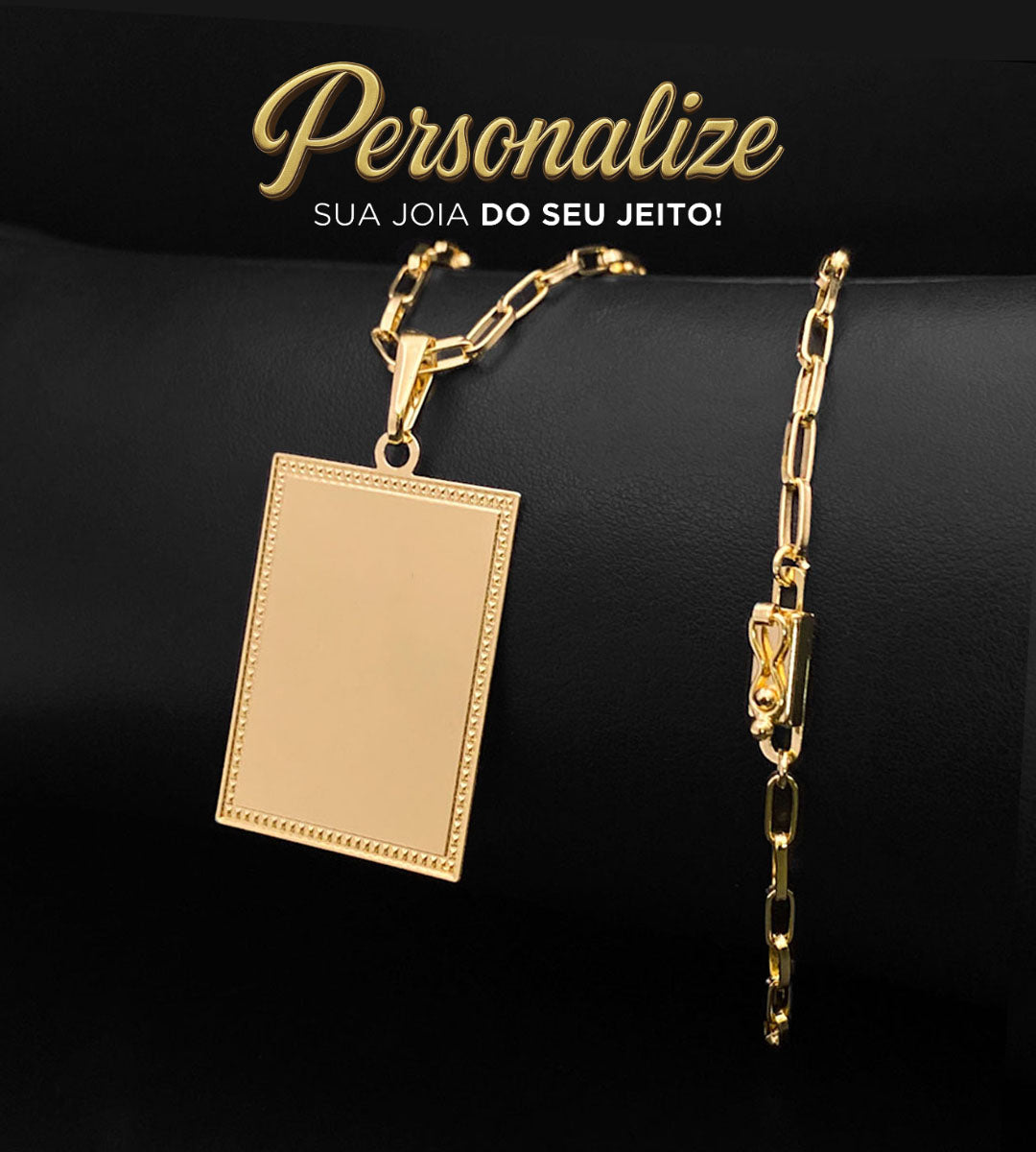 Corrente Cadeado Laminado 3mm com Pingente Placa Detalhada Personalizável Banhada a Ouro 18k