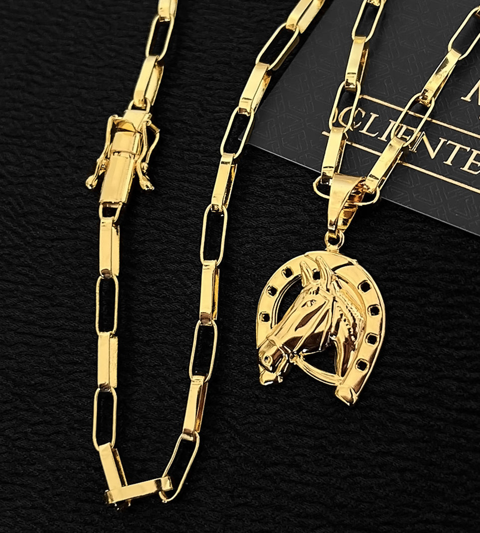 Corrente Elo Vazado 4mm + Pingente Ferradura Médio Banhada a Ouro 18k