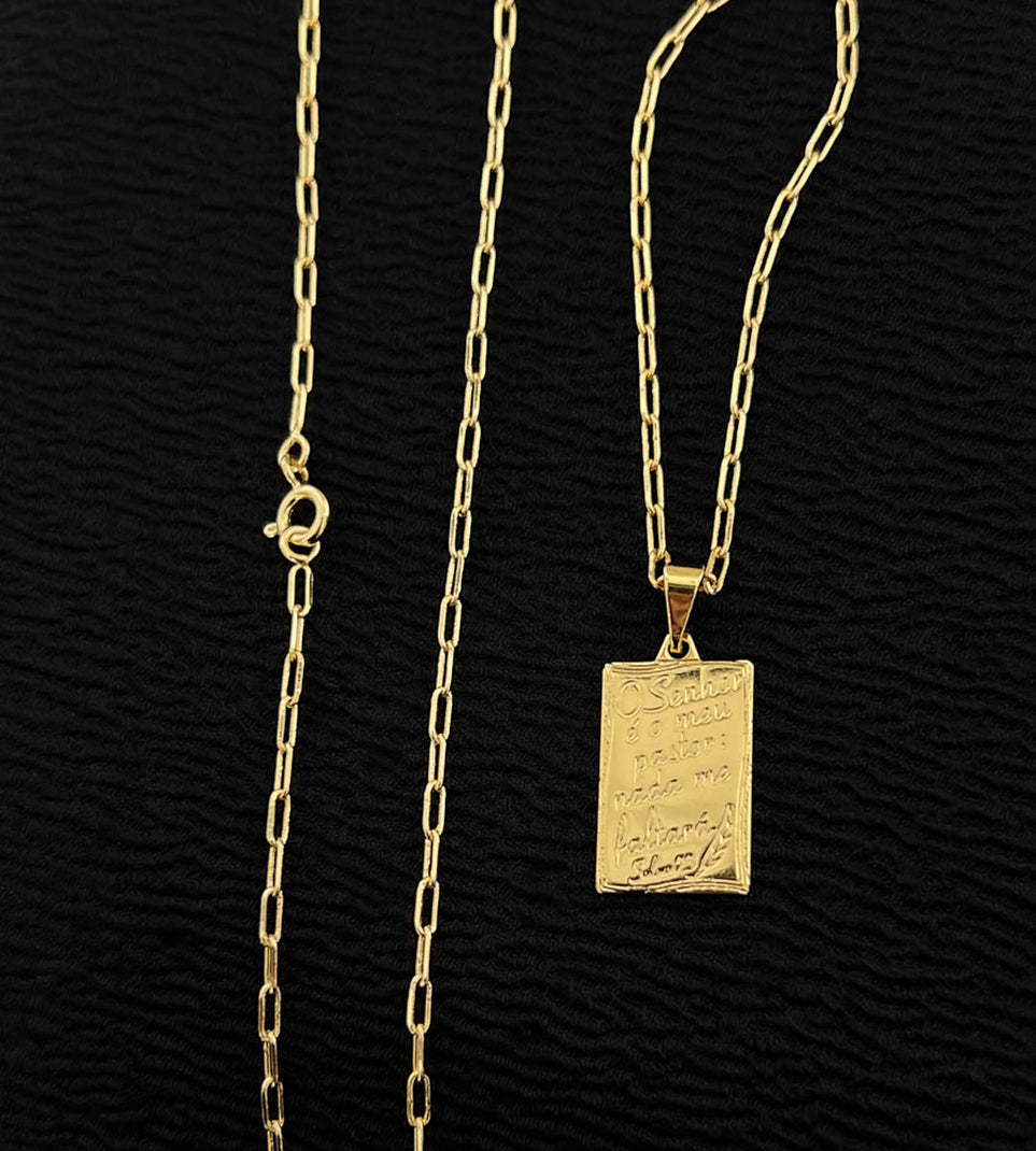 Corrente Cadeado Laminado 2mm + Pingente Plaquinha o Senhor É Meu Pastor 2x1,5cm Banhada a Ouro 18k
