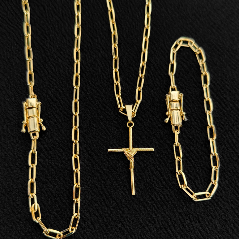 Corrente + Pulseira Cadeado Laminado 5mm + Pingente Cruz Amarrada 4x2cm Banhada a Ouro 18k