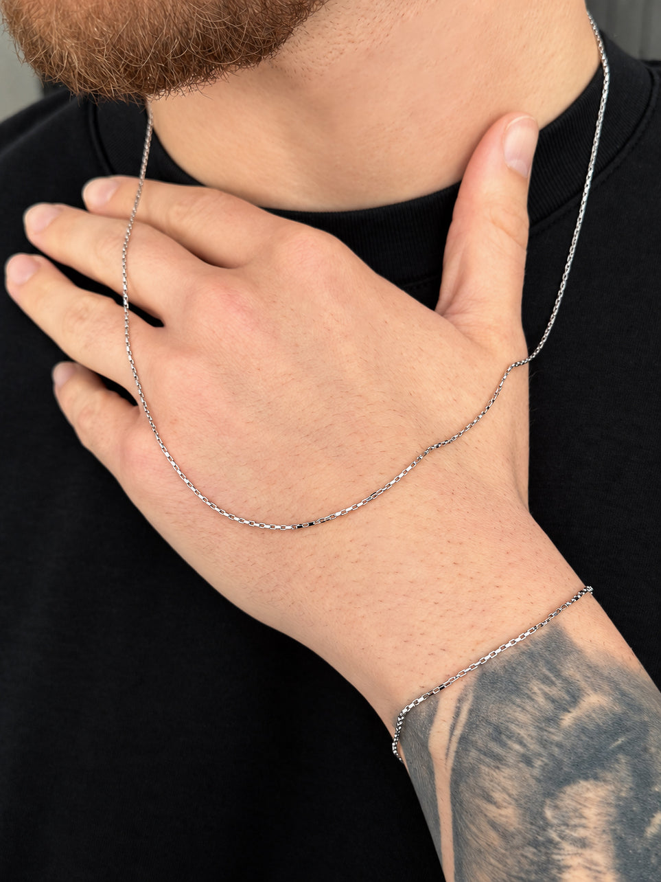 Conjunto Corrente e Pulseira Tijolinho 1mm Banhado a Ouro Branco