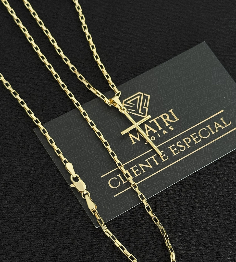 Corrente Elo Vazado Cubinho 2mm + Pingente Cruz Tradicional 3x1,5cm Banhada a Ouro 18k