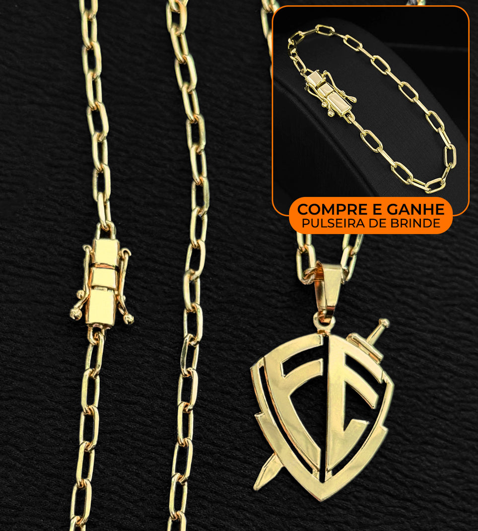 Kit Corrente + Pulseira Cadeado Laminado 5mm + Pingente Escudo Fé Vazado 5x3cm Banhado a Ouro 18k