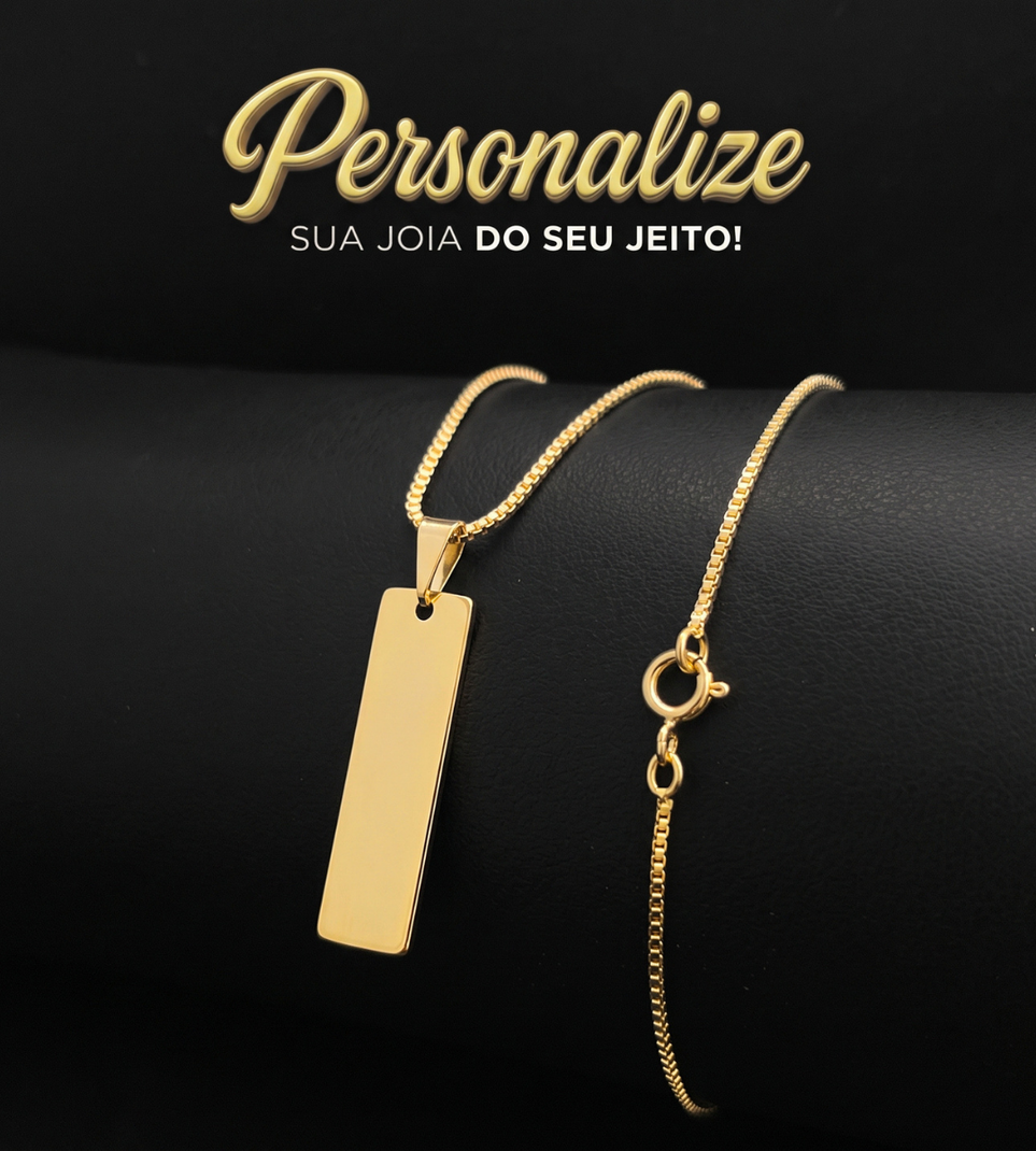 Corrente Veneziana + Pingente Personalizável Plaquinha Retangular Banhado a Ouro 18k
