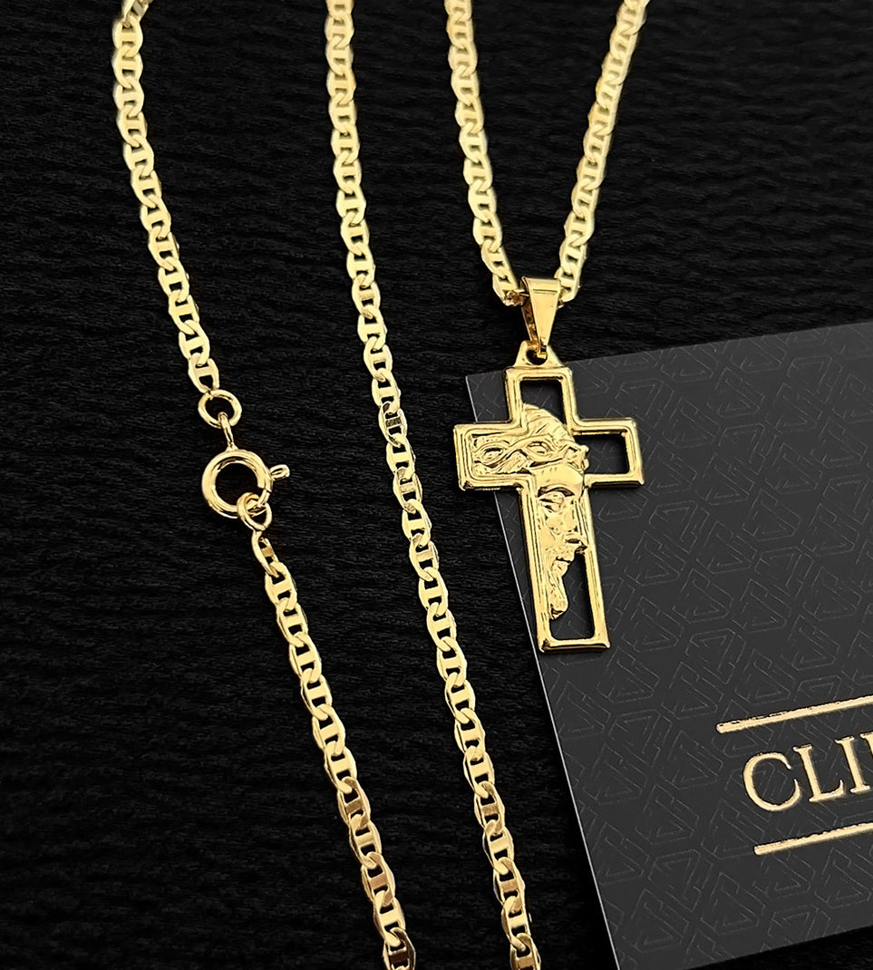 Corrente Piastrini 2mm + Pingente Cruz e Cristo Mini Banhada a Ouro 18k