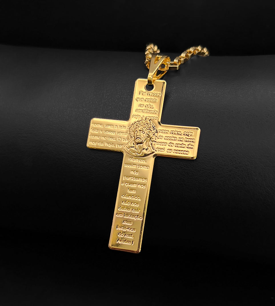Pingente Cruz com Oração Pai Nosso 5x3,5cm Banhado a Ouro 18k