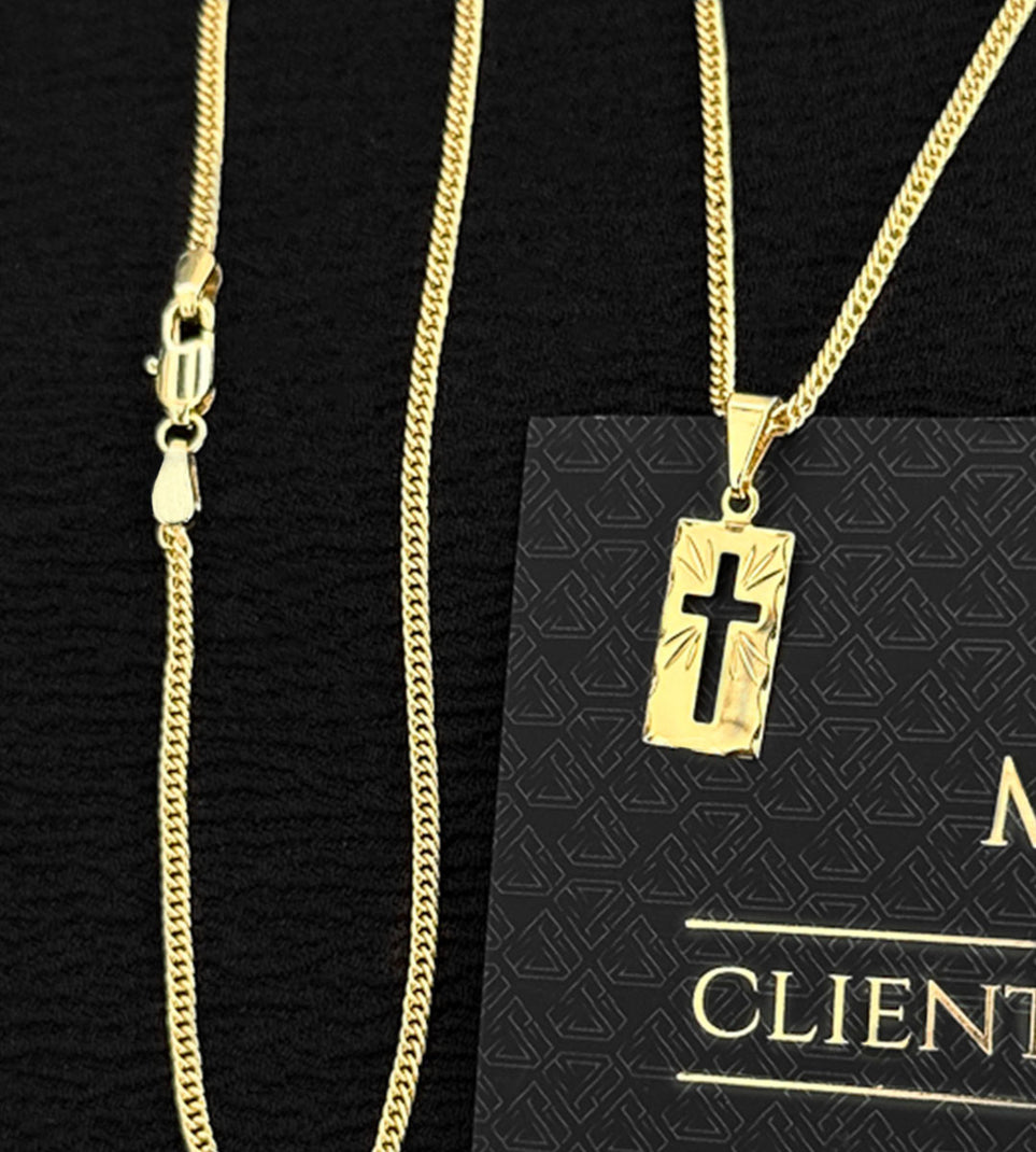 Corrente Grumet Dupla 2mm + Pingente Plaquinha Cruz Vazada 2.5x1cm Banhada a Ouro 18k