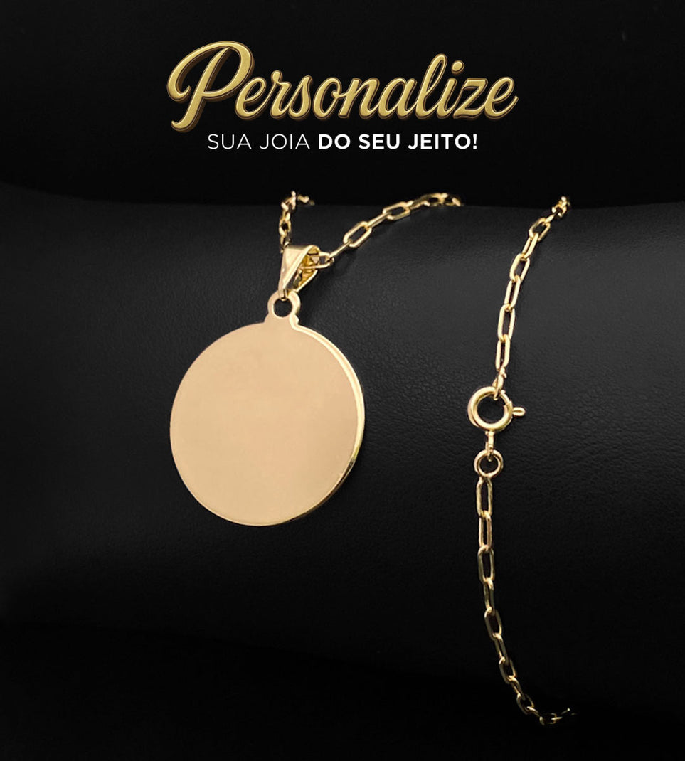 Corrente Cadeado Laminado 2mm Fecho Tradicional + Pingente Personalizável Redondo 2,5x2,5cm Banhada a Ouro 18k