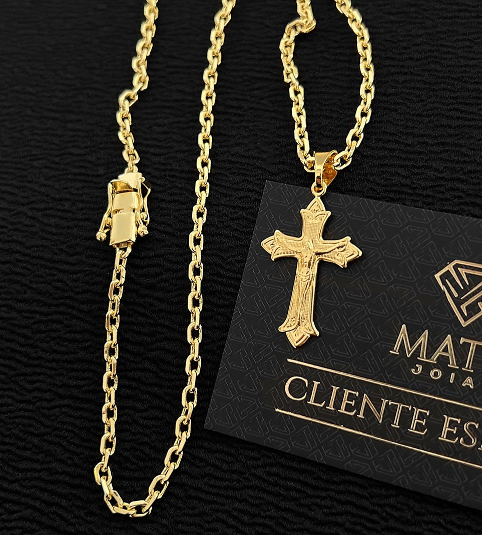Corrente Cadeado 3mm + Pingente Cruz Vitoriana Banhada a Ouro 18k