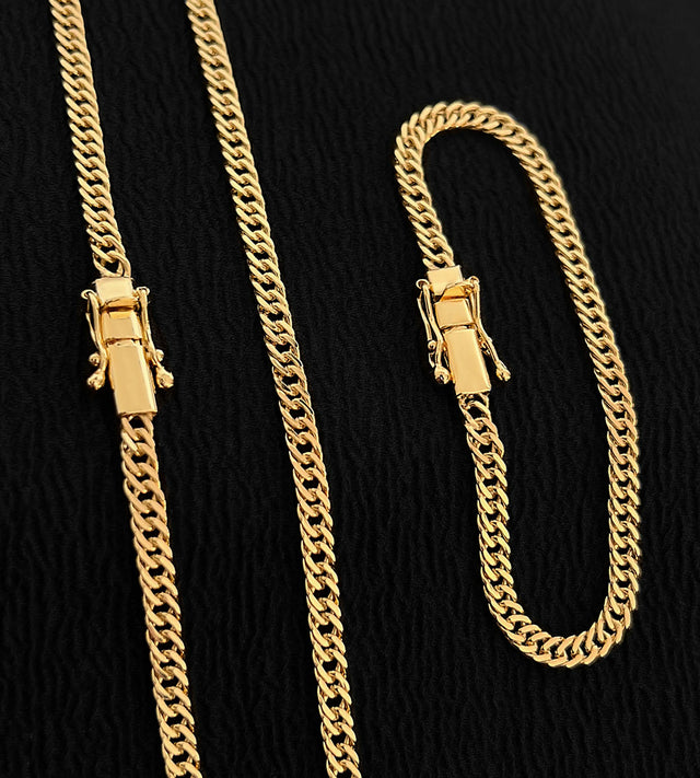 Conjunto Corrente e Pulseira Grumet Dupla 4mm Banhado a Ouro 18k