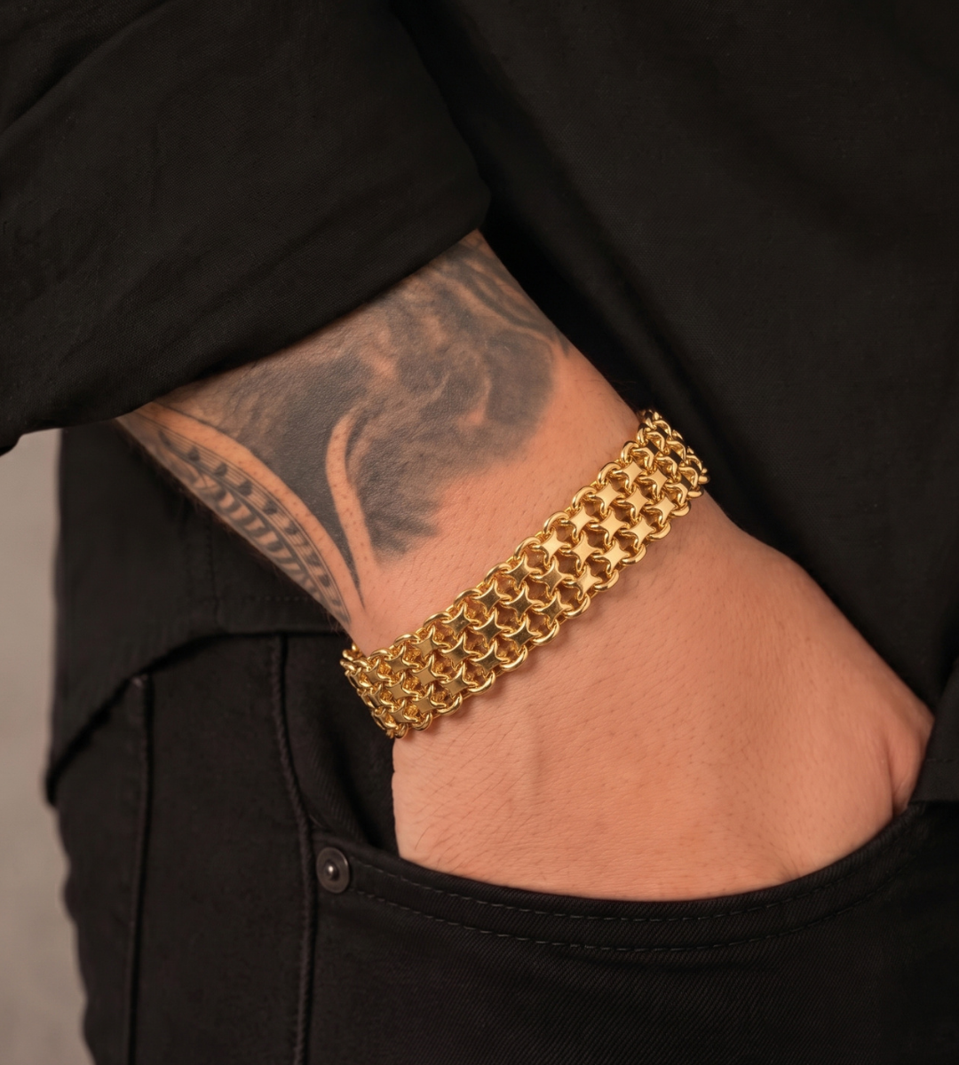 Pulseira Cadeado Duplo 12mm Fecho Grampo Banhada a Ouro 18k