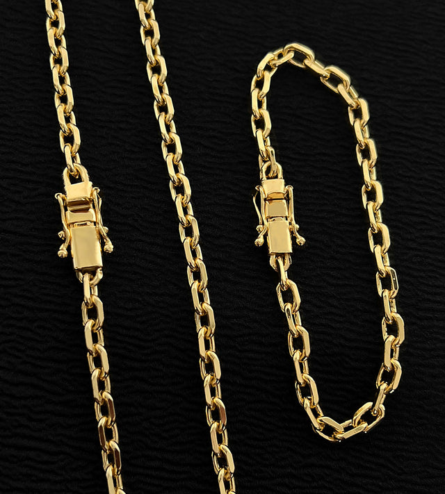 Corrente + Pulseira Cadeado 5mm Fecho Trava Dupla Banhada a Ouro 18k