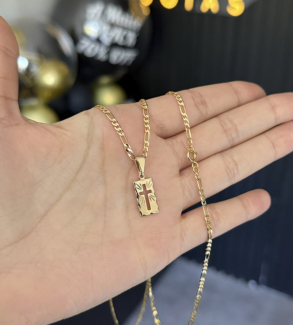 Corrente Fio 3 por 1 2mm + Pingente Plaquinha Cruz Vazada 2.5x1cm Banhada a Ouro 18k