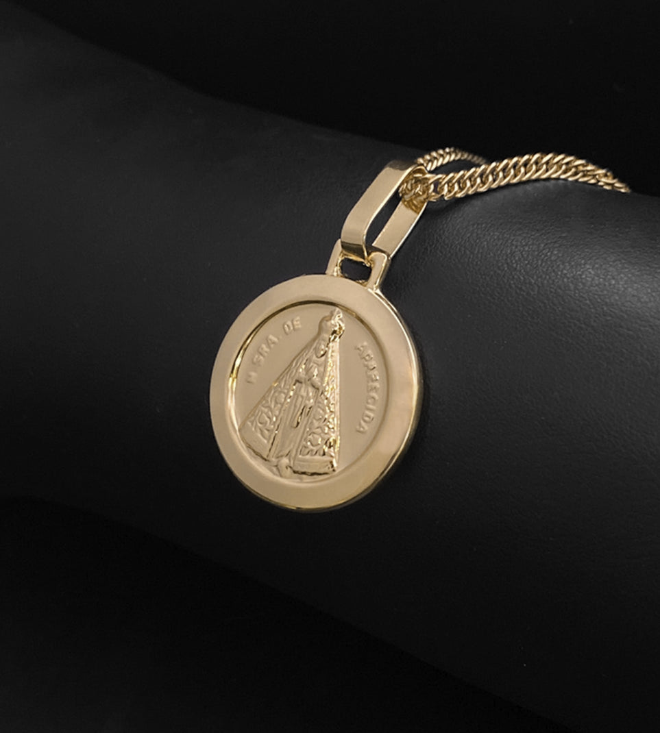 Pingente Oval Nossa Senhora Dupla Face 4x2,5cm Banhado a Ouro 18k