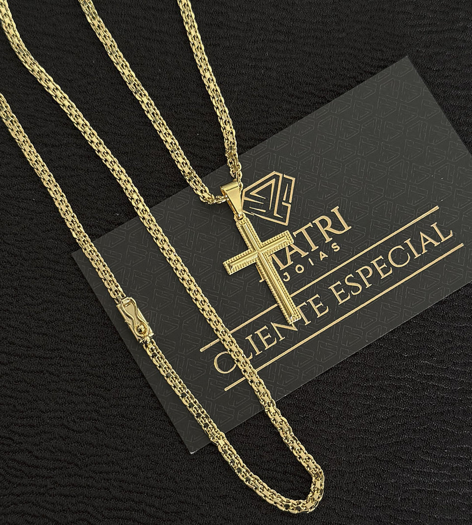 Corrente Cadeado Duplo 3mm + Pingente Cruz Detalhada Banhada a Ouro 18k