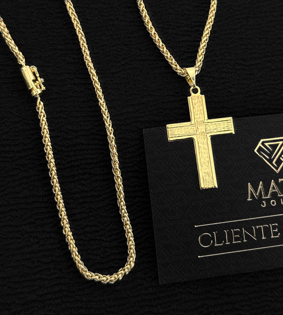 Corrente Cordão Palmeira 3mm + Pingente Cruz Texturizada 3,5x2,3cm Banhada a Ouro 18k