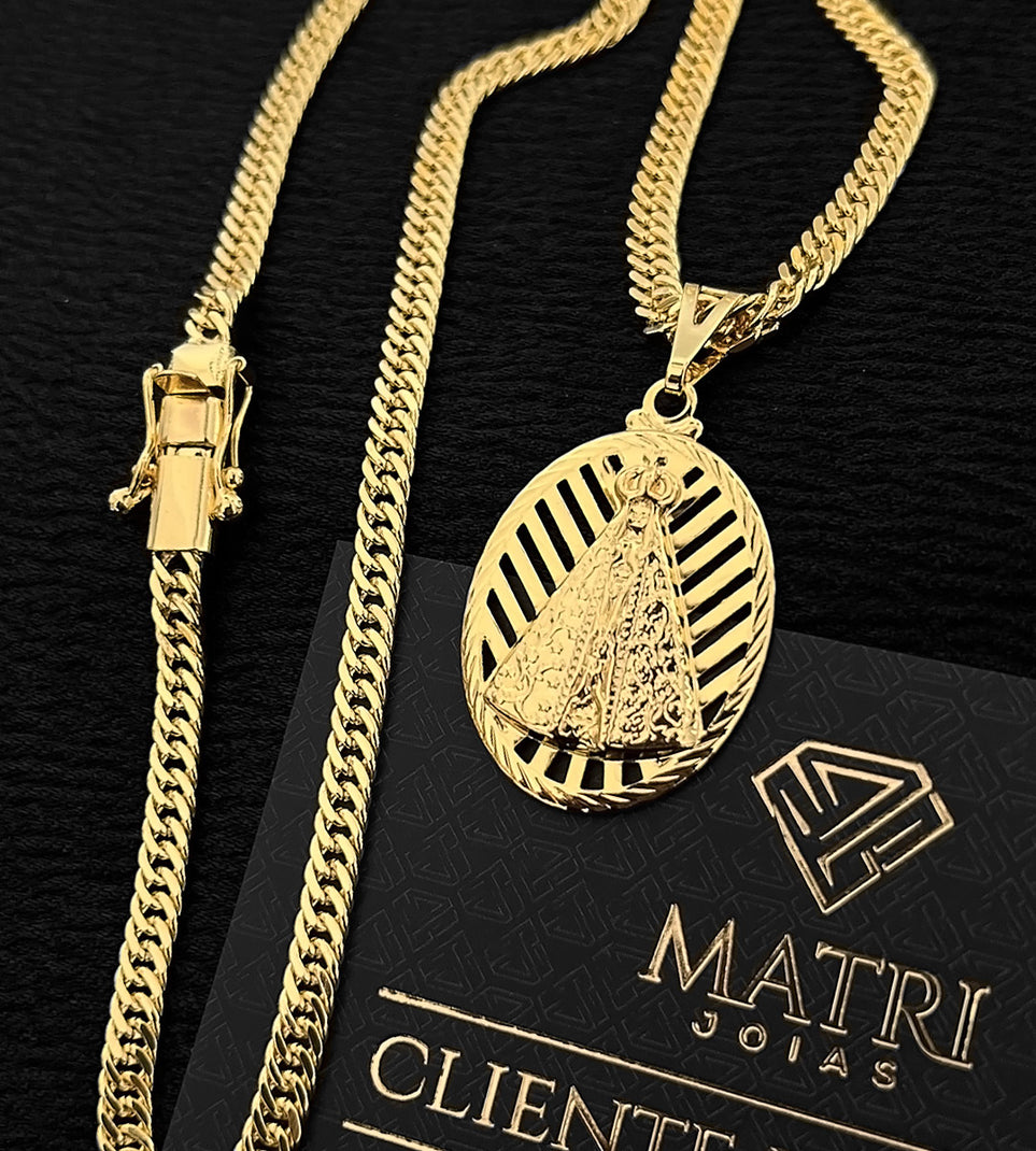 Corrente Grumet Dupla 4mm Fecho Trava Dupla + Pingente Oval Nossa Senhora Banhada a Ouro 18k