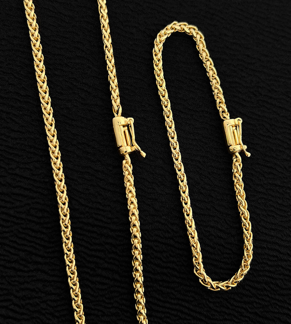 Corrente + Pulseira Elo Palmeira 3mm Fecho Canhão Banhada a Ouro 18k