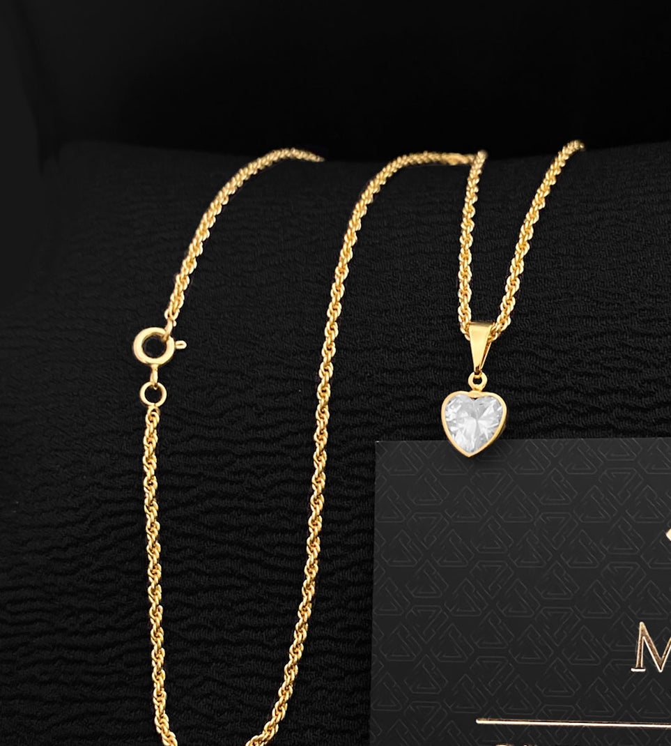 Colar Feminino Cordão Baiano 2mm + Pingente Coração Ponto de Luz em Zircônia Banhado a Ouro 18k