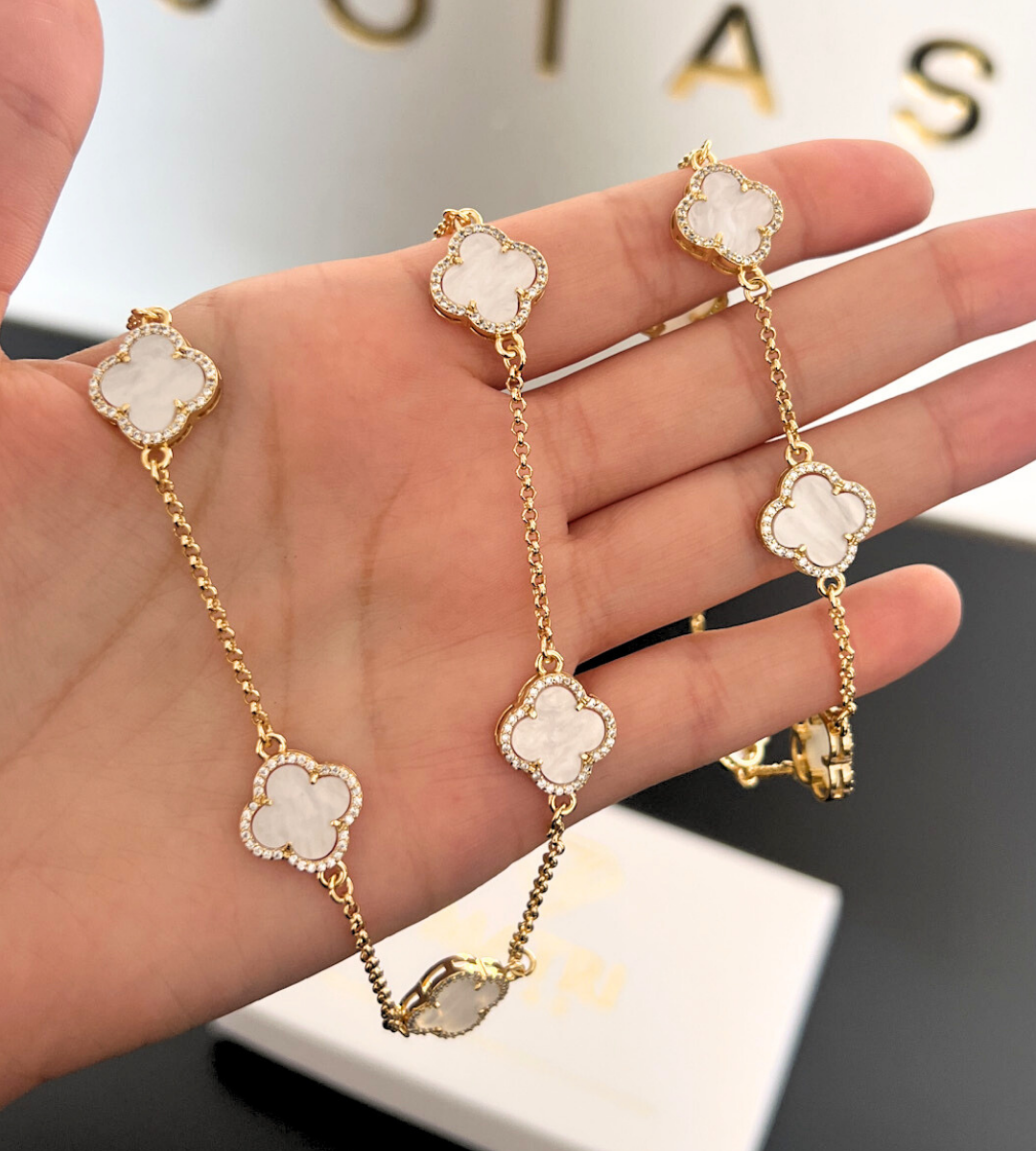 Corrente + Pulseira Trevo Branco Grande Cravejado em Zircônia 60cm 21cm Banhada a Ouro 18k, foto 2