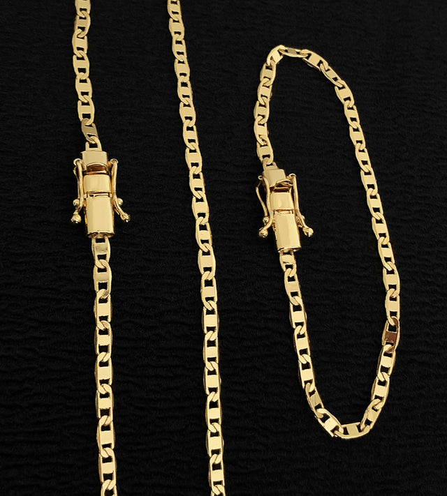 Corrente + Pulseira Piastrini 4mm Fecho Trava Dupla Banhada a Ouro 18k