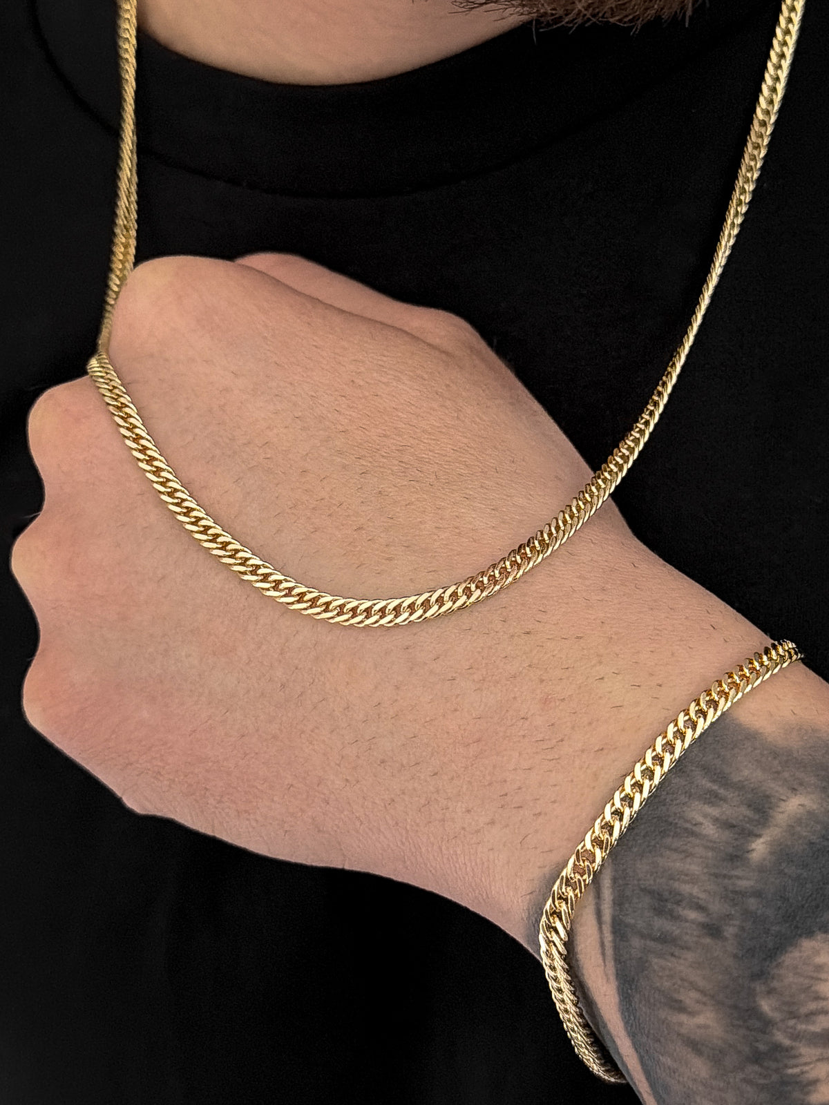 Conjunto Corrente e Pulseira Grumet Dupla 4mm Banhado a Ouro 18k