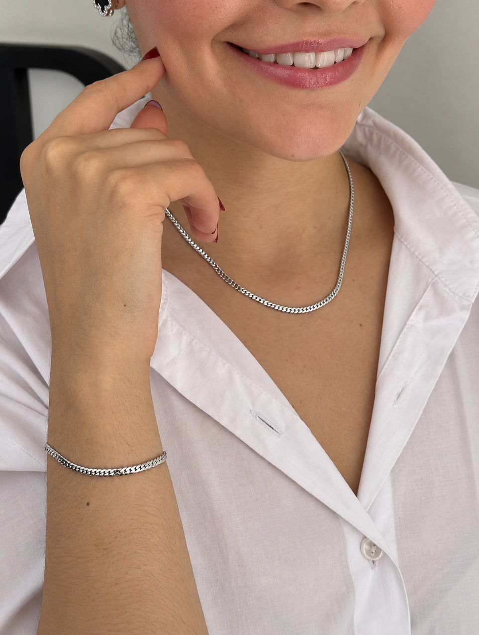 Conjunto Feminino Grumet Flat 3mm  Banhado a Ouro Branco