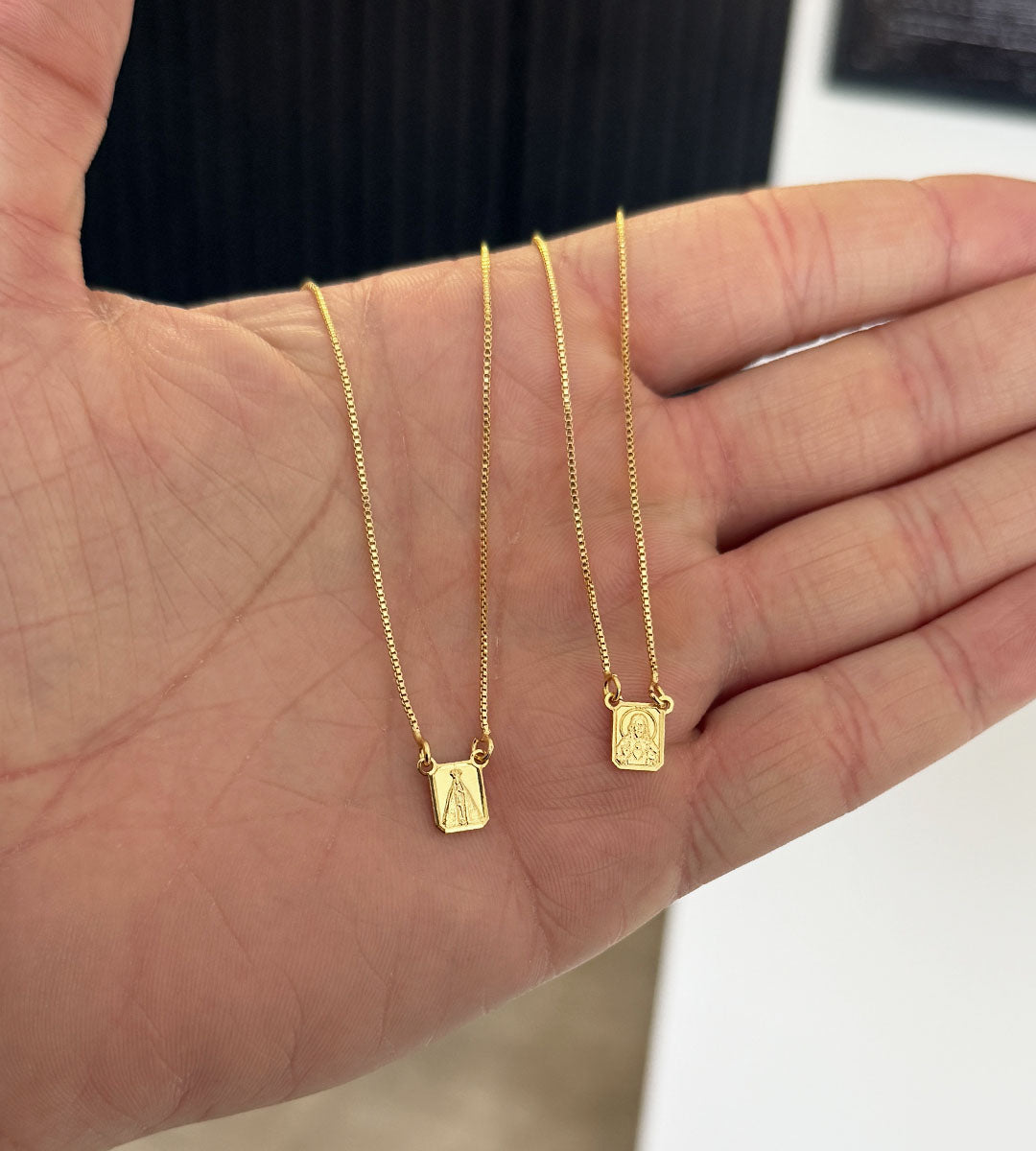 Escapulário Plaquinha Mini Nossa Senhora e Sagrado Coração Banhado a Ouro 18k