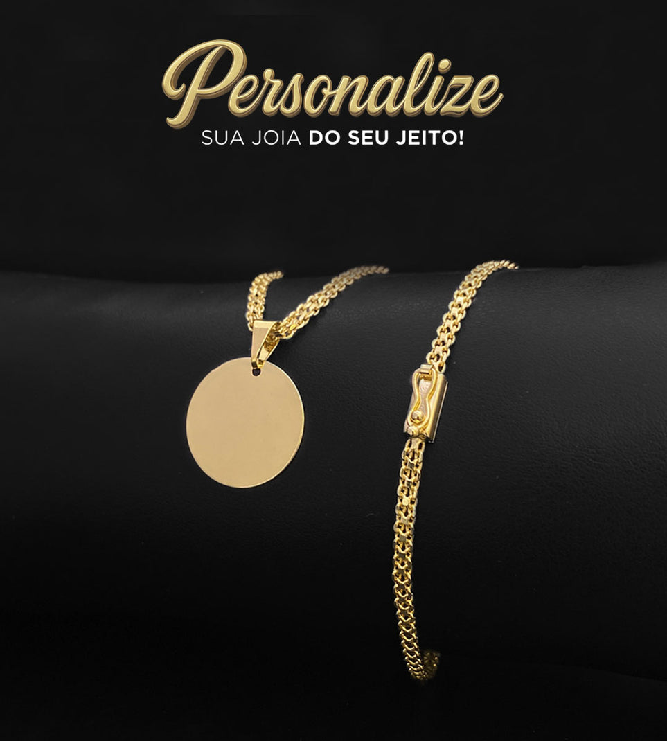 Corrente Cadeado Duplo 3mm + Pingente Personalizável Redondo Pequeno 2x2cm Banhada a Ouro 18k