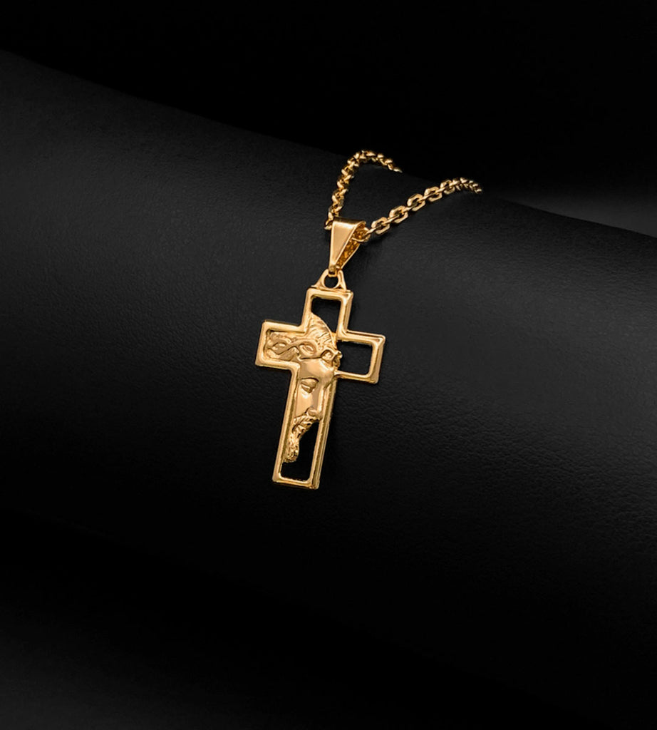 Pingente Mini Cruz e Cristo em Relevo 3x1,5cm Banhado a Ouro 18k